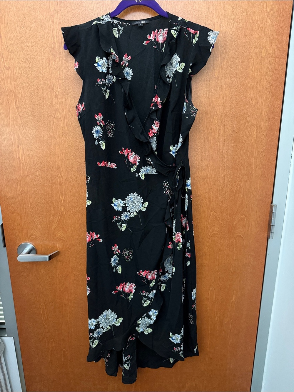 Papermoon Black Floral Wrap Hi-Lo Midi Dress w/Pink/Red & White with Blue Blooms